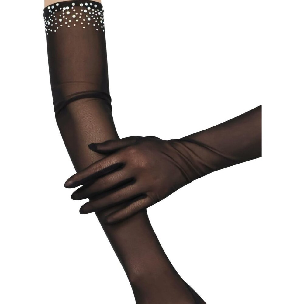 Women's Sexy Pearl White Beaded Long Gloves Tulle Mesh Wedding Party Prom - Picture 5 of 7